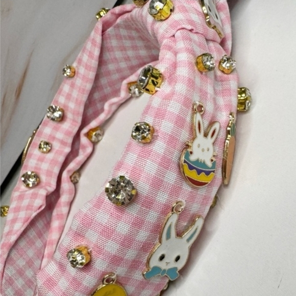 🐇🔹️Piper K 🔹️Pink Gingham  Bunny Carrots  Accent Easter Egg Headband - Picture 3 of 7